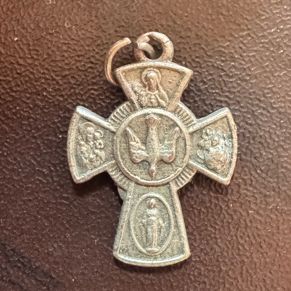 Vintage Signed Italy Four-Way Devotional Medal Cross /Crucifix Pendant; .75”